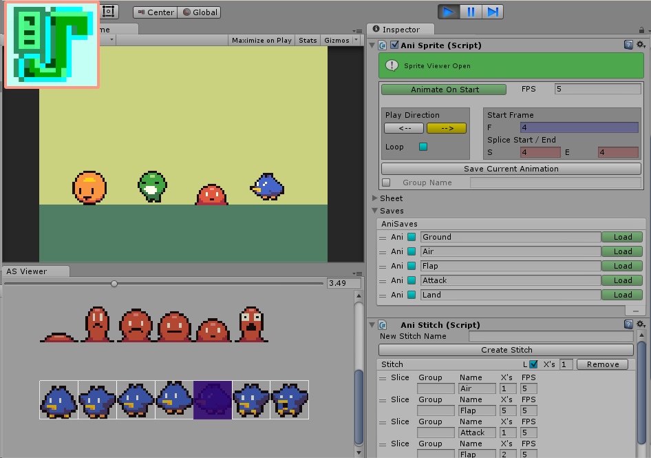 image of editor in unity with the various panels and sprite sheet